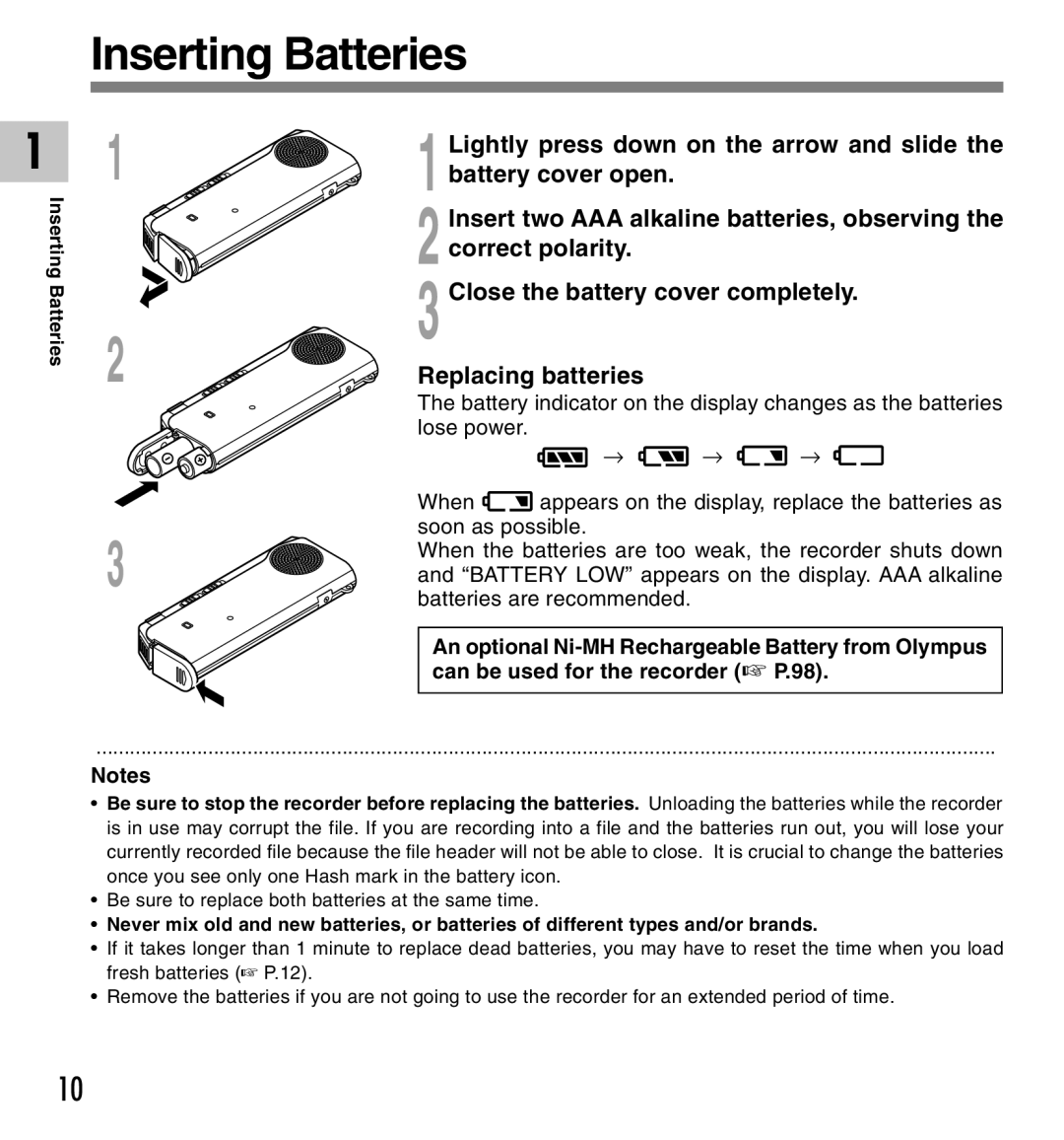 Olympus 10, 20 manual Inserting Batteries 