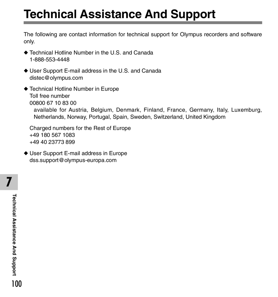 Olympus 20 manual Technical Assistance And Support, 100 