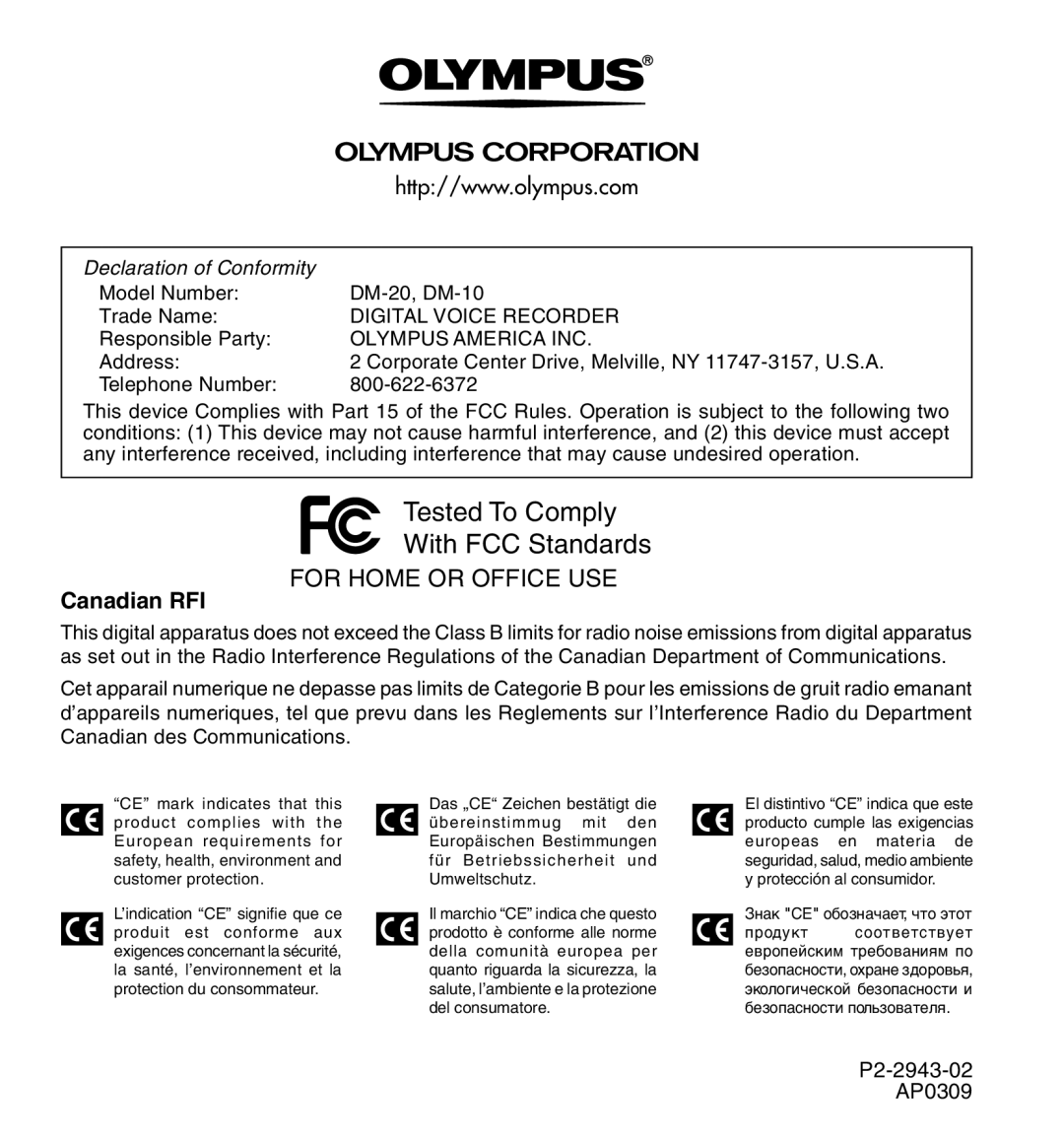 Olympus 20, 10 manual Canadian RFI, Olympus America INC 