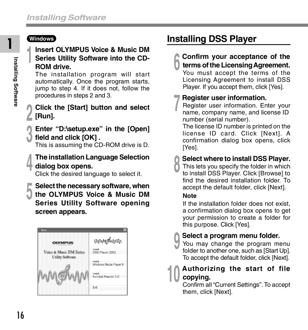 Olympus 10, 20 manual Installing Software, Installation Language Selection dialog box opens 