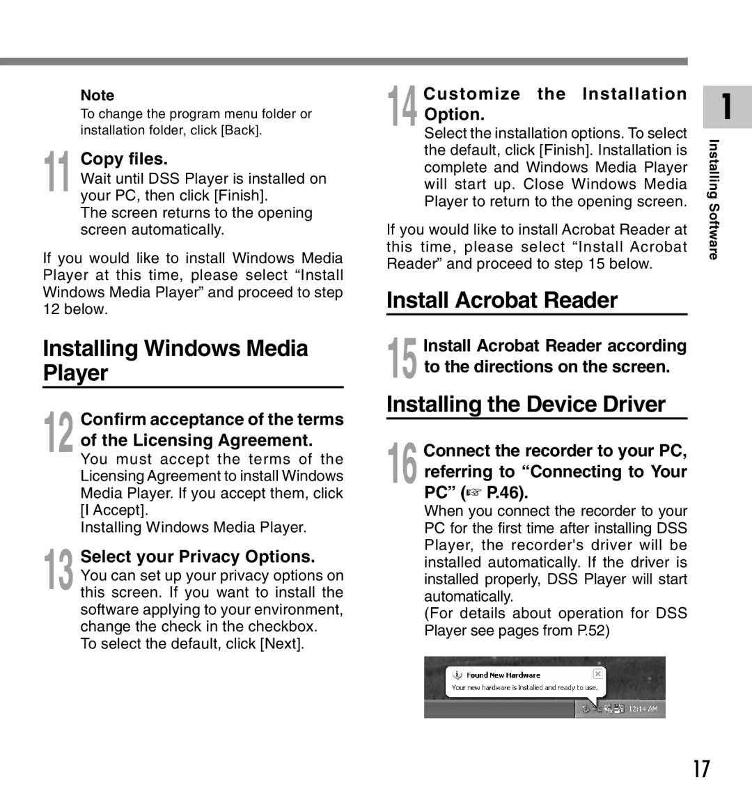 Olympus 20, 10 manual Installing Windows Media Player, Install Acrobat Reader, Installing the Device Driver, Copy files 