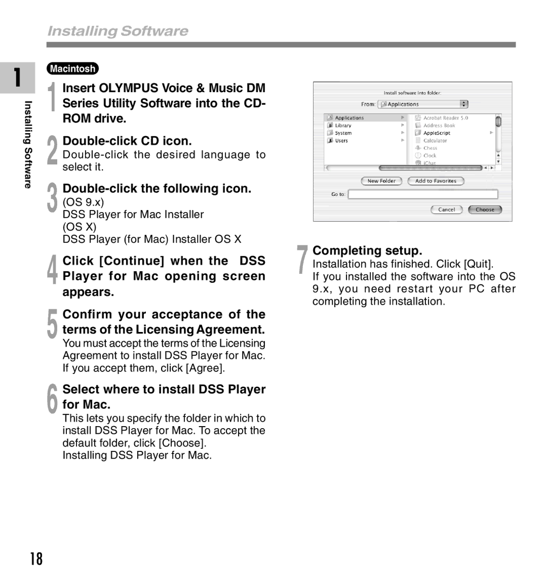 Olympus 10, 20 manual Select where to install DSS Player for Mac, Completing setup 