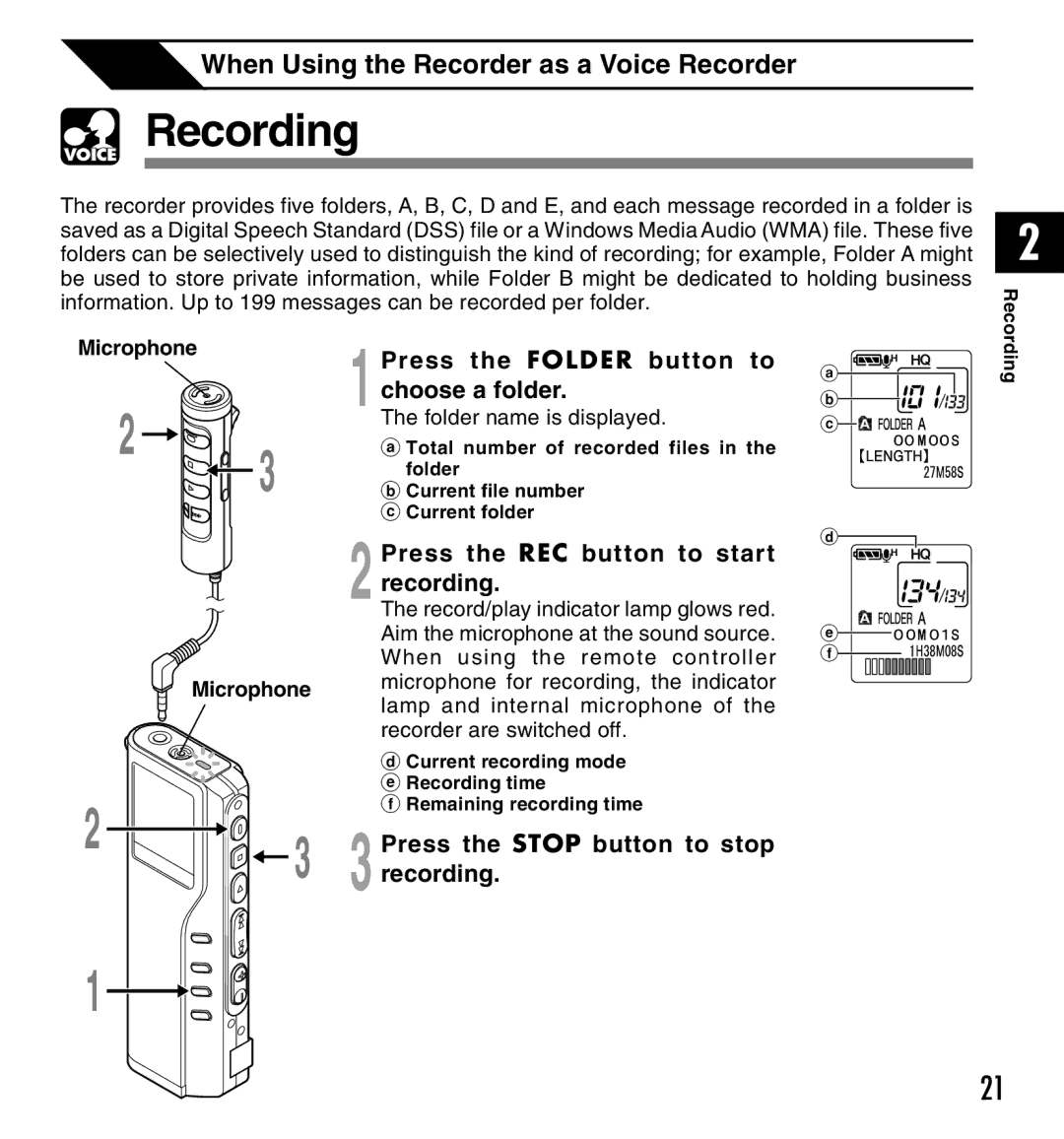 Olympus 20, 10 manual Recording, Press the Folder button to choose a folder, Press the REC button to start recording 