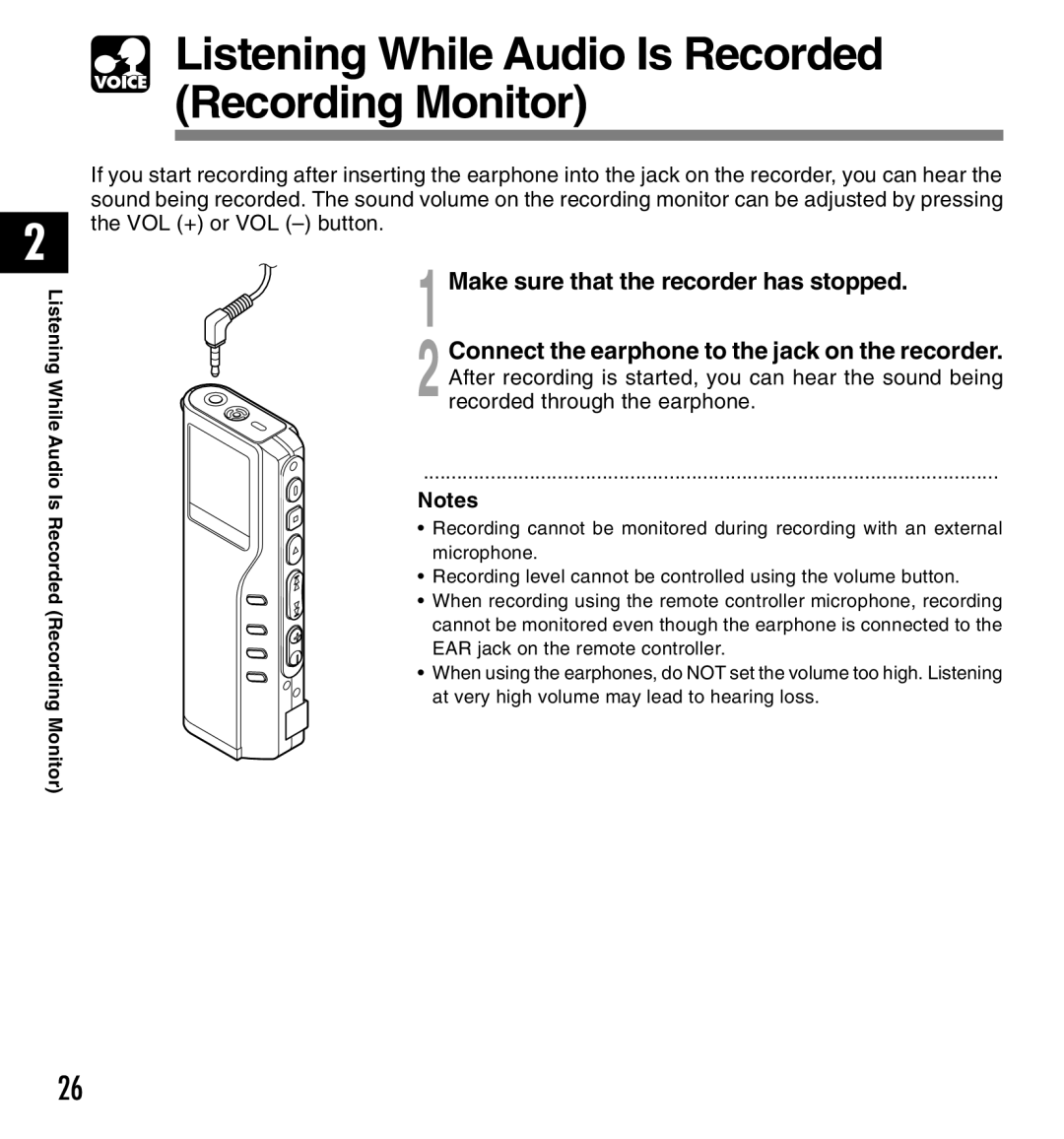 Olympus 10, 20 manual Listening While Audio Is Recorded Recording Monitor, Make sure that the recorder has stopped 