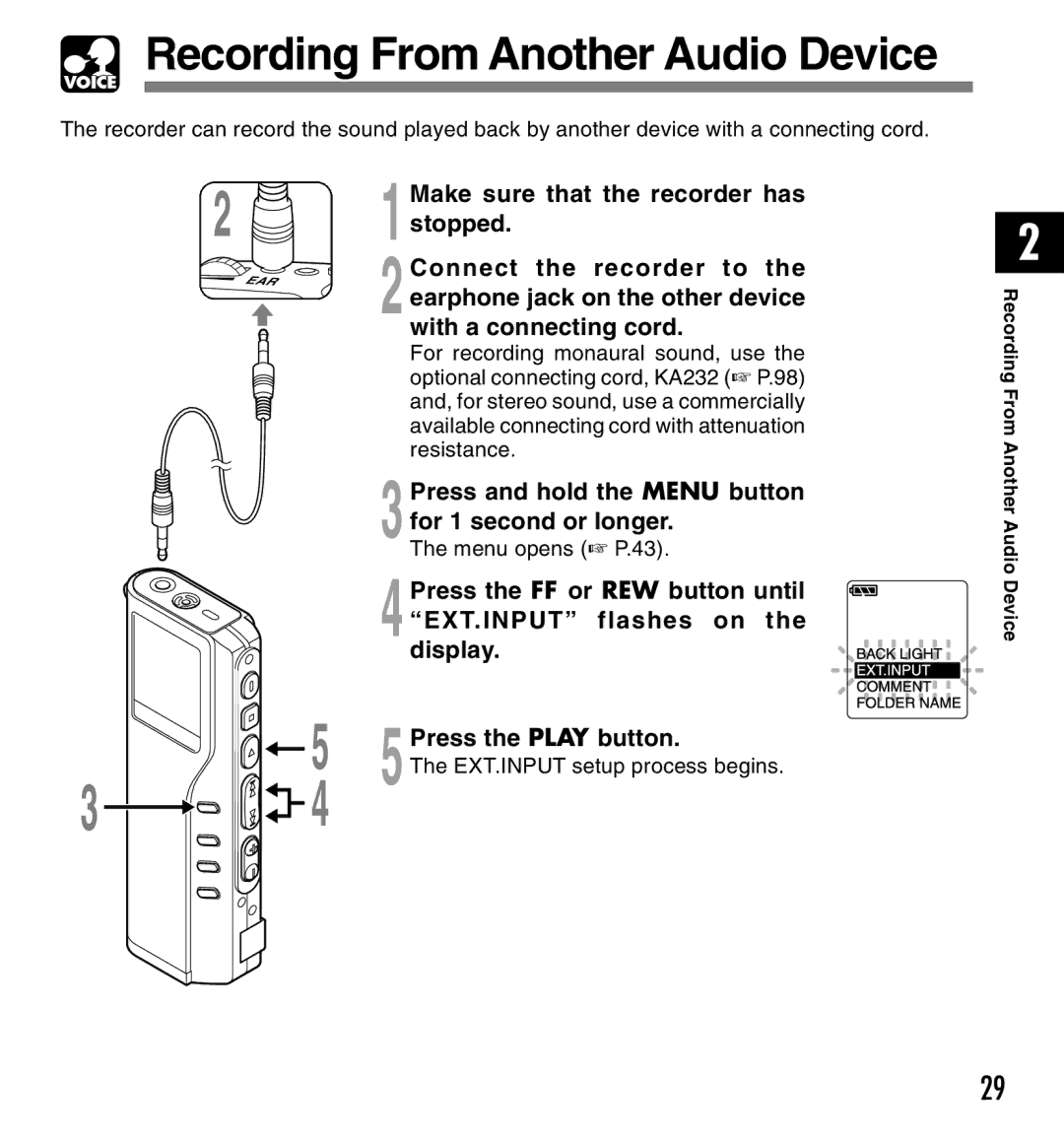 Olympus 20, 10 manual Recording From Another Audio Device, 3Press and hold the Menu button for 1 second or longer 