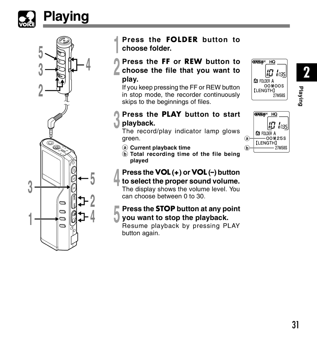 Olympus 20, 10 manual Playing, Press the Play button to start Playback, 3The record/play indicator lamp glows Green 