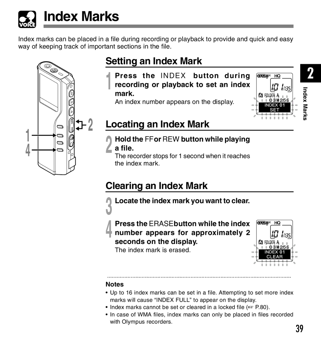 Olympus 20, 10 manual Index Marks, Setting an Index Mark, Locating an Index Mark, Clearing an Index Mark 