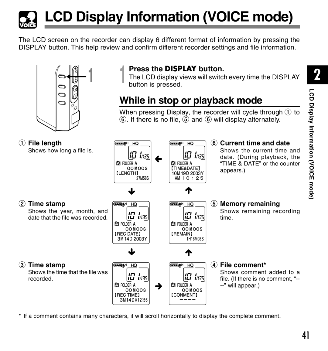 Olympus 20, 10 manual LCD Display Information Voice mode, While in stop or playback mode, Press the Display button 