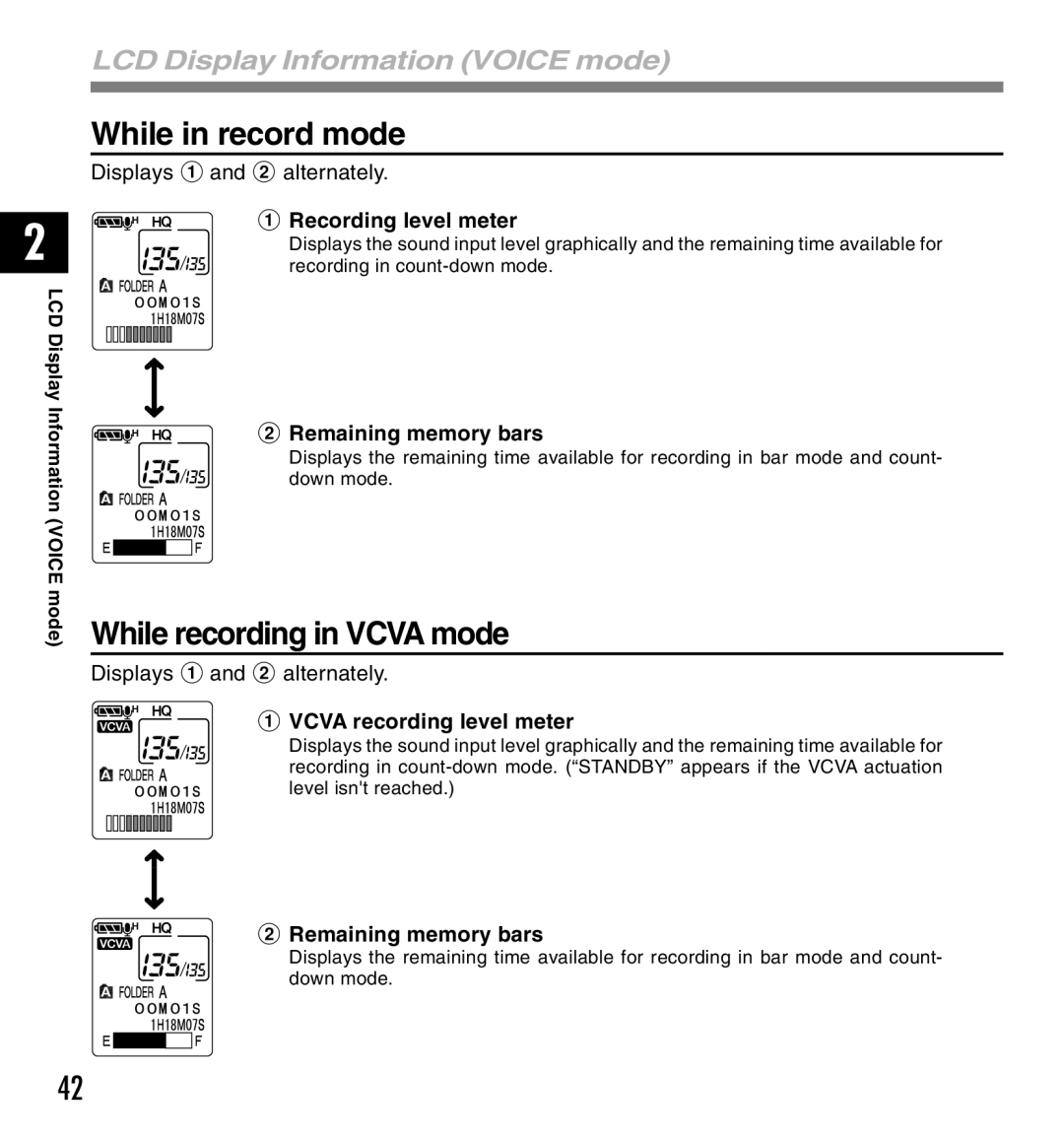 Olympus 10, 20 manual While in record mode, While recording in Vcva mode, LCD Display Information Voice mode 