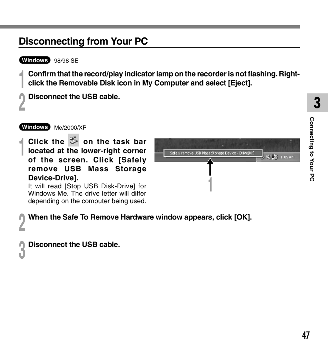 Olympus 20 Disconnecting from Your PC, Click On the task bar, Screen. Click Safely Remove USB Mass Storage Device-Drive 