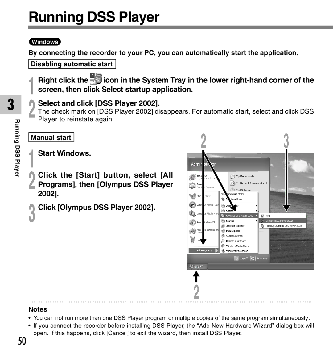 Olympus 10, 20 manual Running DSS Player, Right click, Icon in the System Tray in the lower right-hand corner, Start Windows 