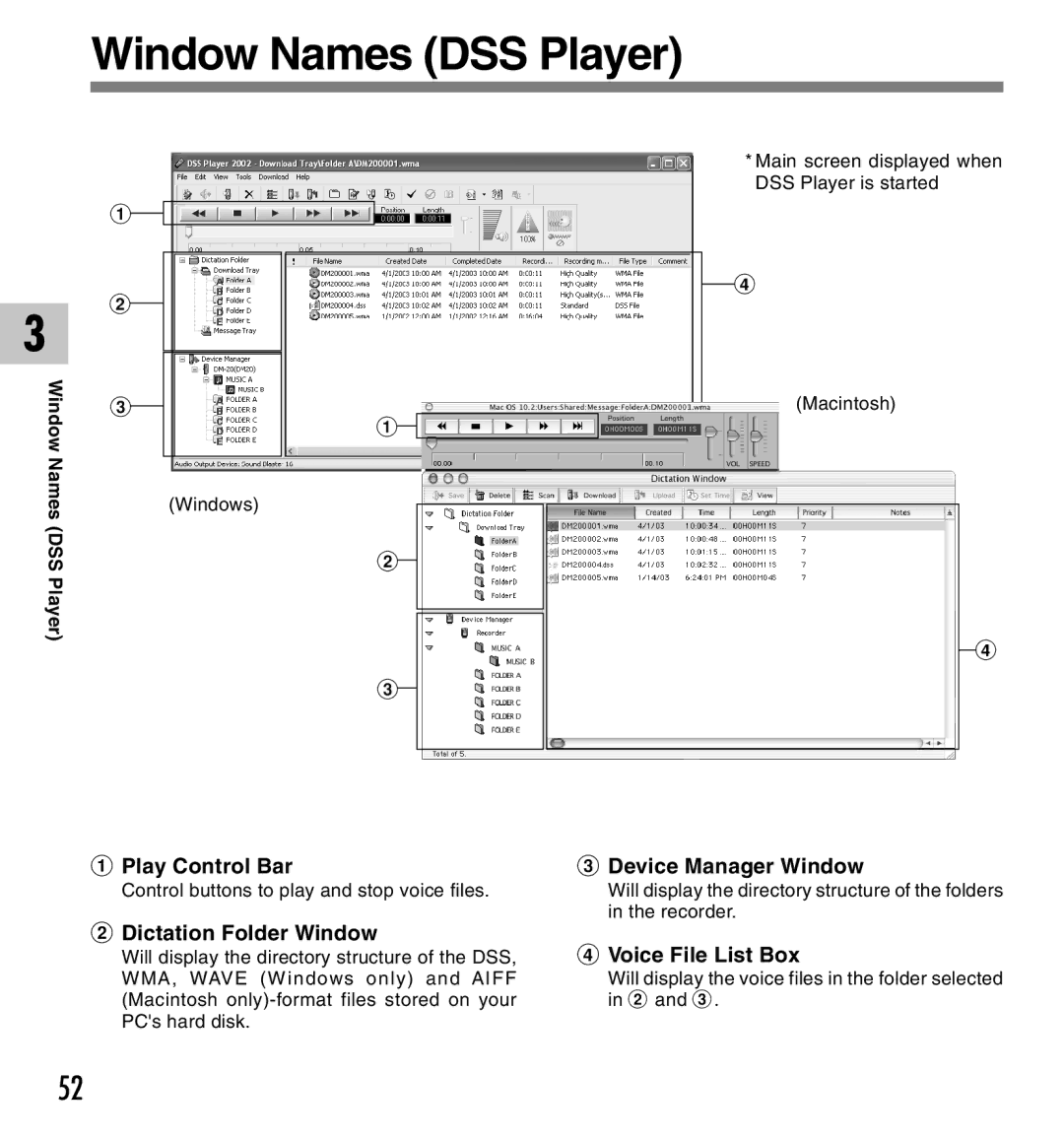 Olympus 10 Window Names DSS Player, Play Control Bar, Dictation Folder Window, Device Manager Window, Voice File List Box 