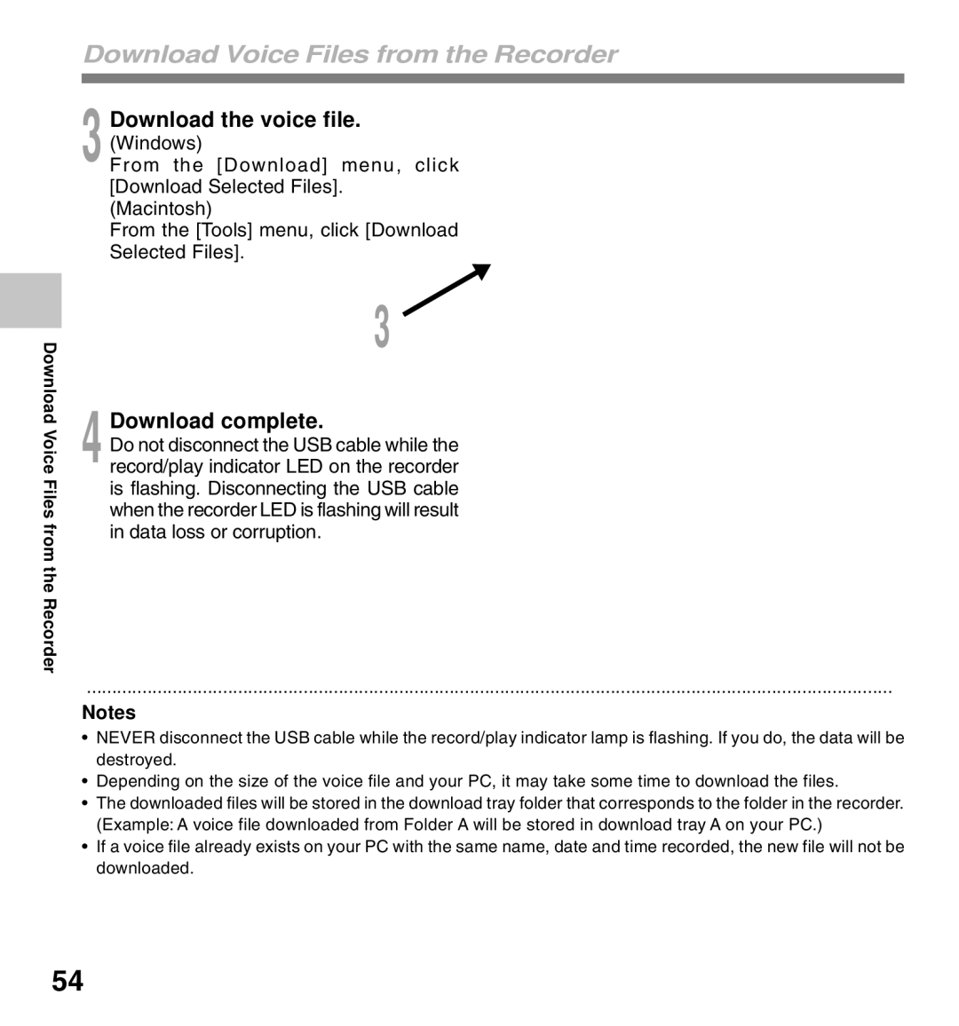 Olympus 10, 20 manual Download Voice Files from the Recorder, Download complete 