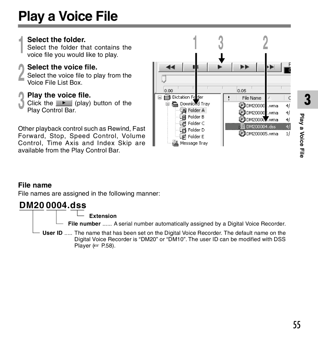 Olympus 20, 10 manual Play a Voice File, Play the voice file, File name 