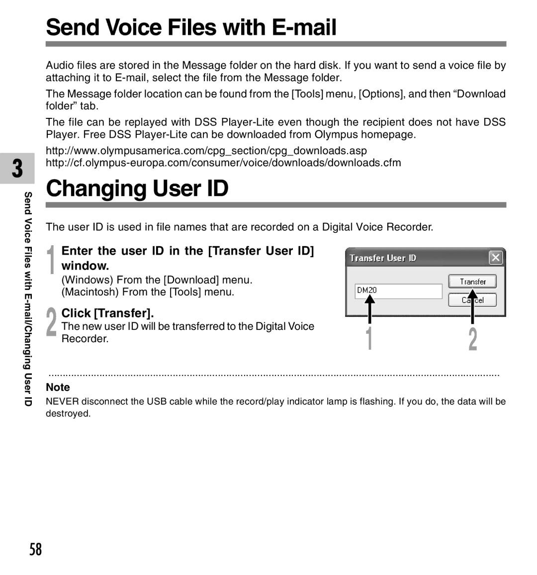 Olympus 10, 20 manual Send Voice Files with E-mail, Changing User ID, Enter the user ID in the Transfer User ID Window 