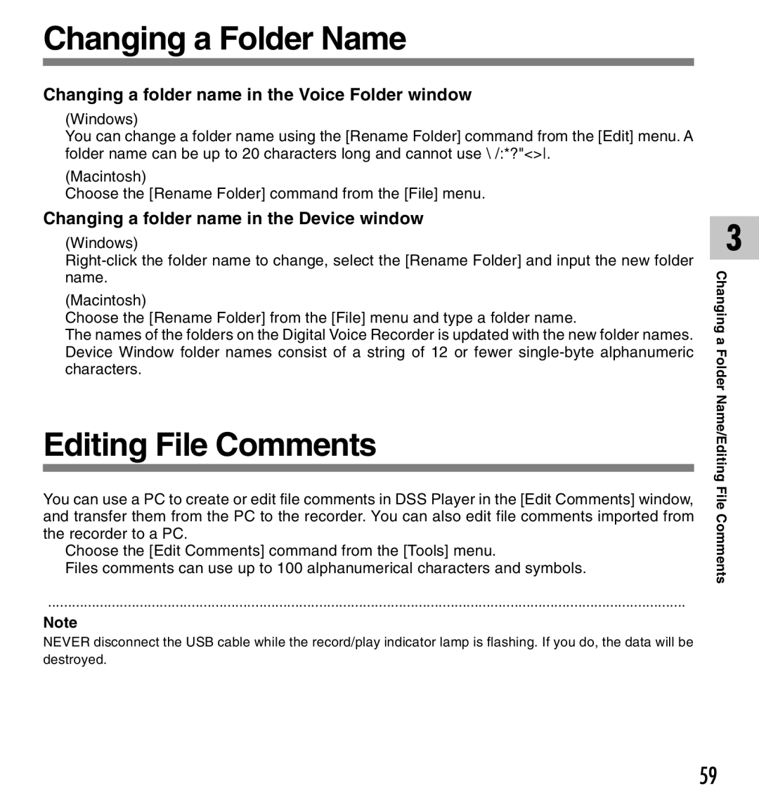 Olympus 20, 10 manual Changing a Folder Name, Editing File Comments, Changing a folder name in the Voice Folder window 