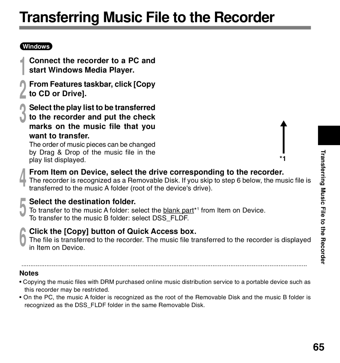 Olympus 20, 10 manual Transferring Music File to the Recorder, Select the destination folder 