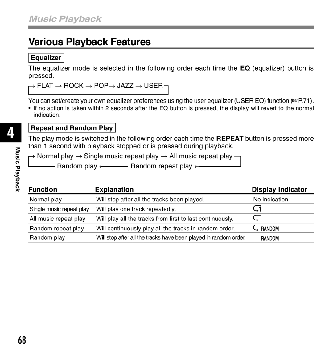 Olympus 10, 20 manual Various Playback Features, Music Playback, Equalizer, Repeat and Random Play 