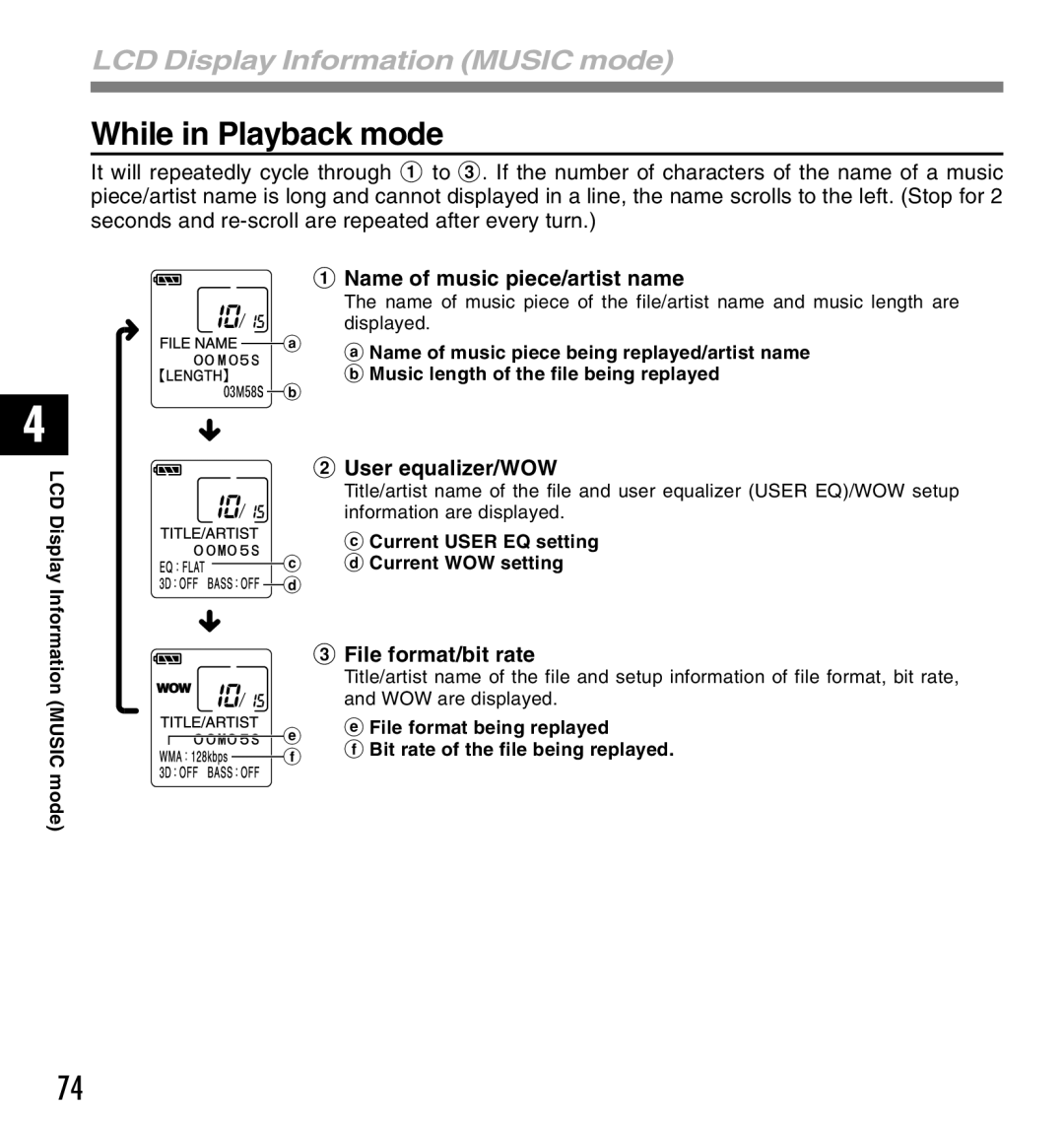 Olympus 10, 20 manual While in Playback mode, LCD Display Information Music mode, User equalizer/WOW, File format/bit rate 