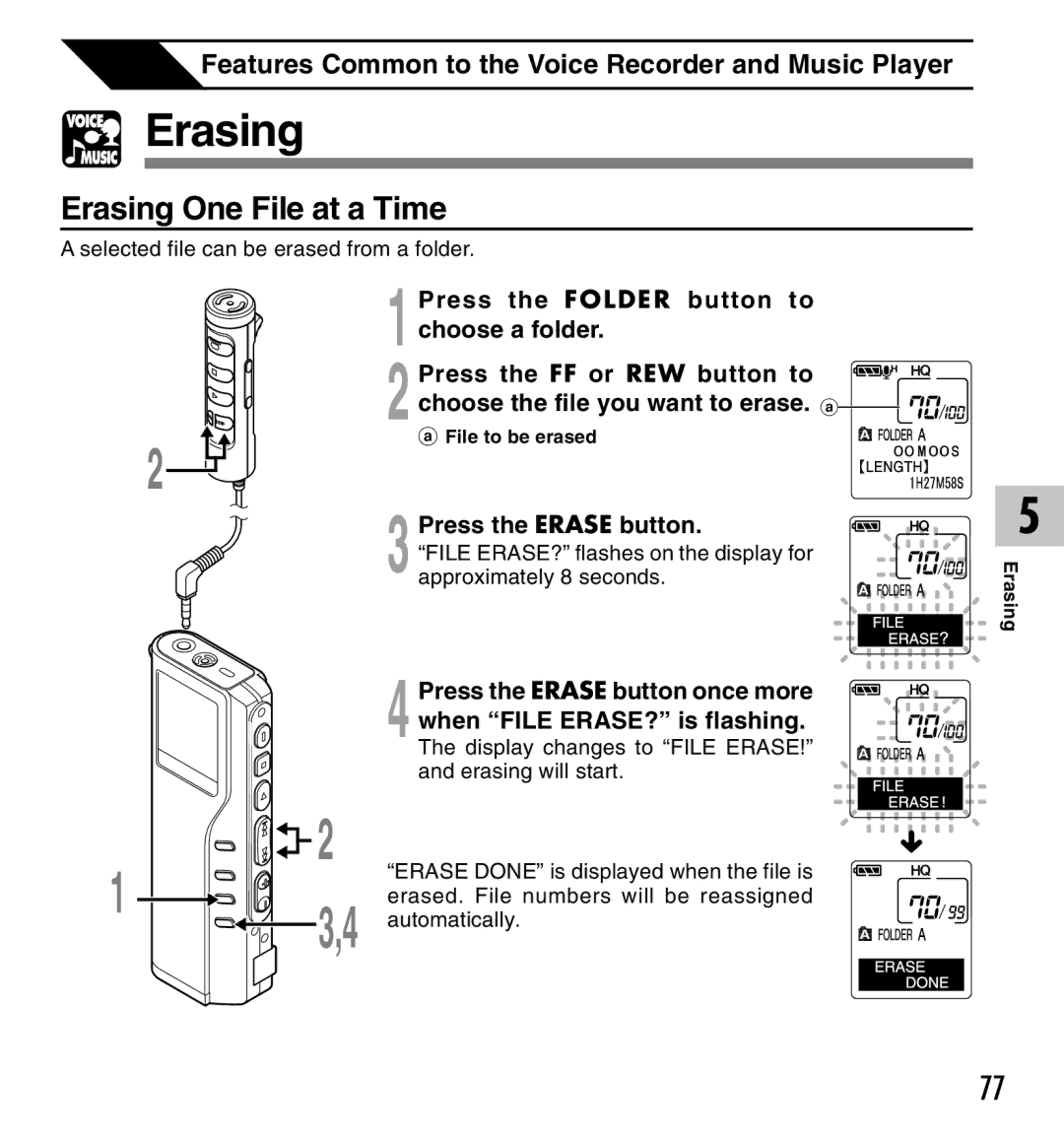 Olympus 20, 10 manual Erasing One File at a Time 