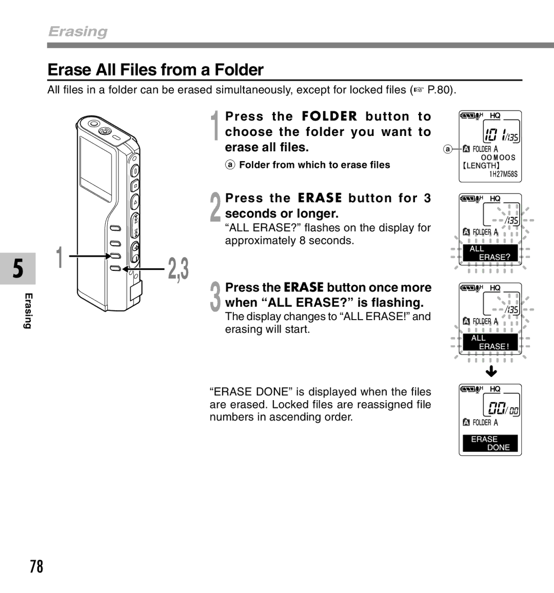 Olympus 10, 20 manual Erase All Files from a Folder, Erasing, Press the Erase button for Seconds or longer 