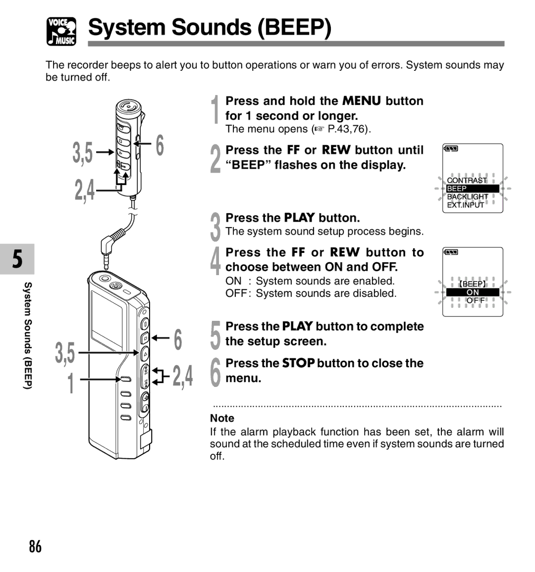 Olympus 10 System Sounds Beep, Beep flashes on the display, On System sounds are enabled, OFF System sounds are disabled 