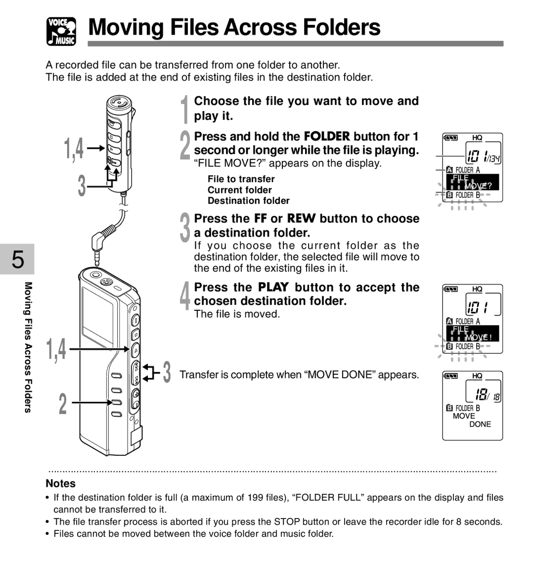 Olympus 10, 20 manual Moving Files Across Folders, 3Press the FF or REW button to choose a destination folder 