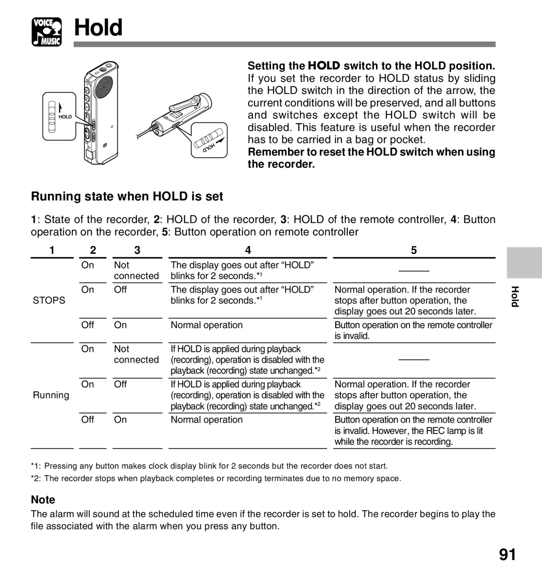 Olympus 20, 10 manual Running state when Hold is set, Remember to reset the Hold switch when using the recorder 