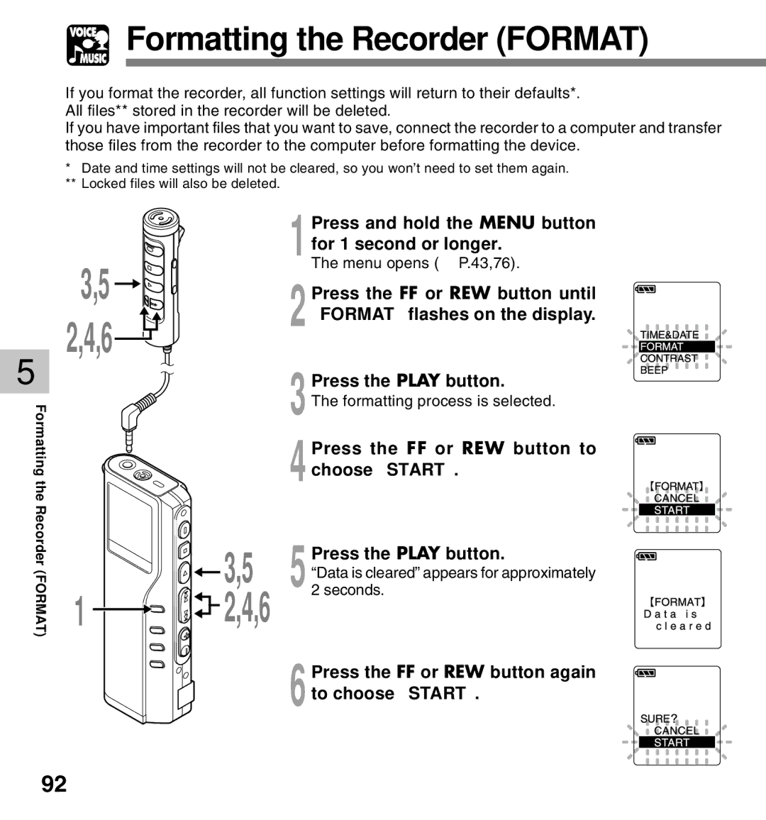 Olympus 10, 20 manual Formatting the Recorder Format, Format flashes on the display, Seconds 