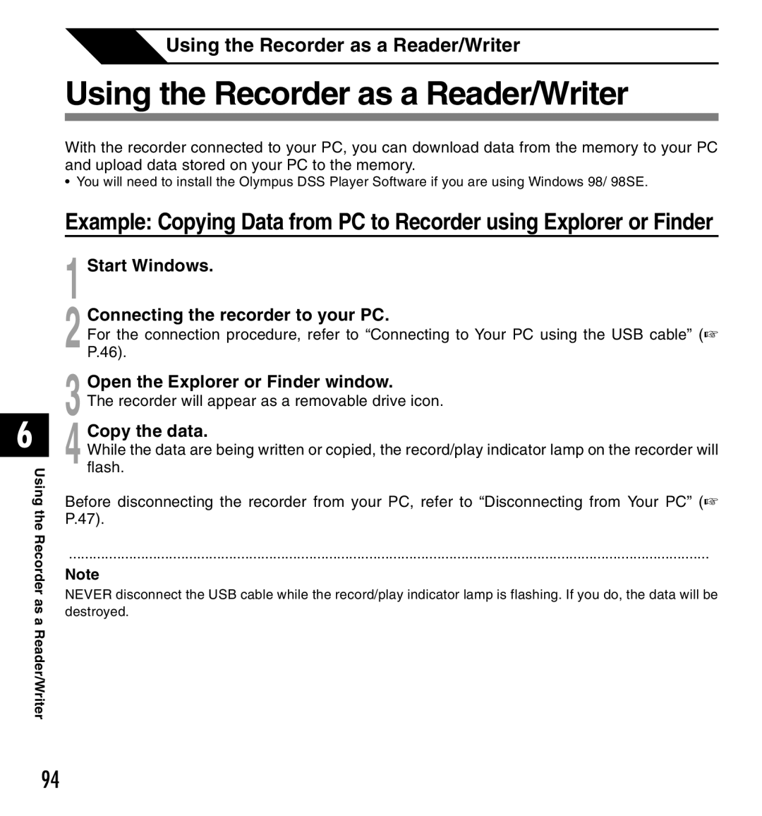 Olympus 10, 20 manual Using the Recorder as a Reader/Writer, Start Windows Connecting the recorder to your PC, Copy the data 