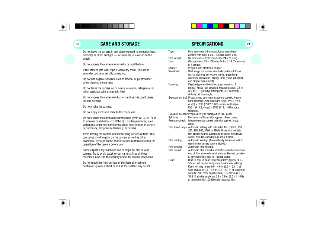 Olympus 100 manual Specifications, Care and Storage 