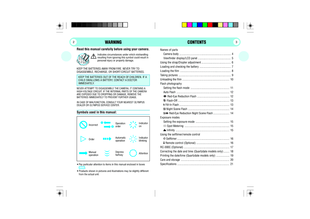 Olympus 100 manual 2WARNING, Contents 