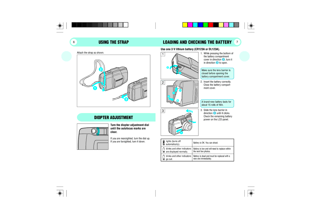 Olympus 100 manual Loading and Checking the Battery, Diopter Adjustment, Using the Strap 