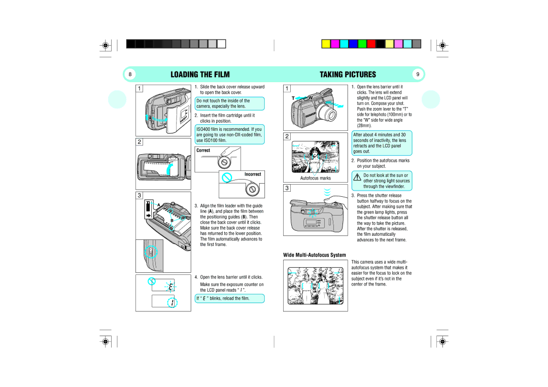 Olympus 100 manual Taking Pictures, Loading the Film, Wide Multi-Autofocus System, Correct 