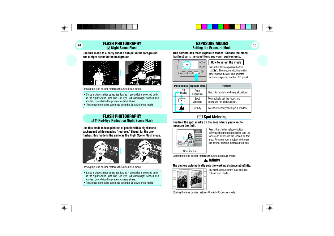 Olympus 100 manual Spot Metering, Infinity, Red-Eye Reduction Night Scene Flash, Exposure Modes 