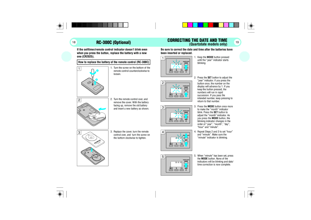 Olympus 105 manual RC-300C Optional, Quartzdate models only, Correcting the Date and Time 