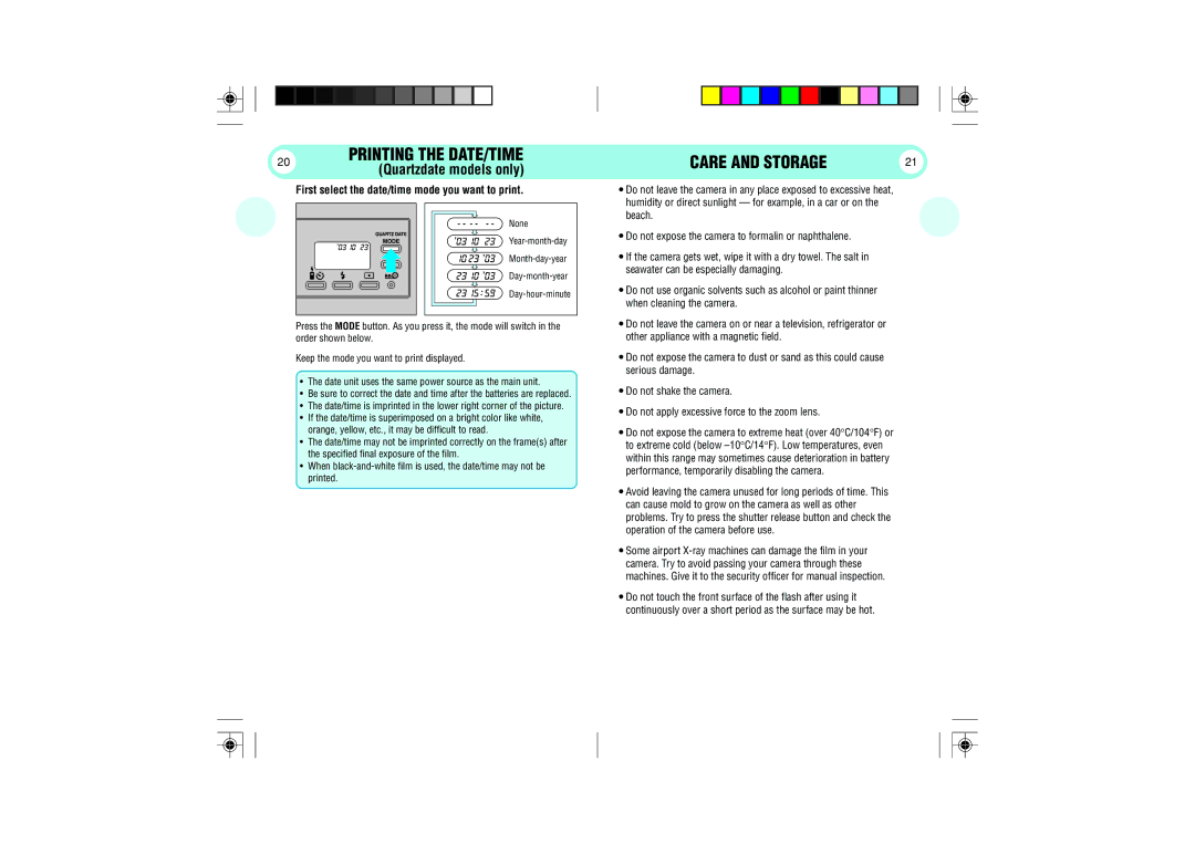 Olympus 105 manual Care and Storage, First select the date/time mode you want to print, None 