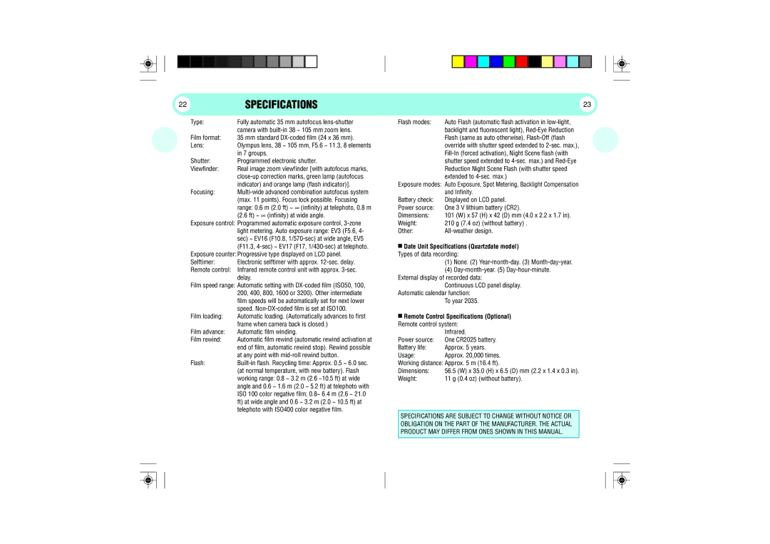 Olympus 105 manual Specifications 