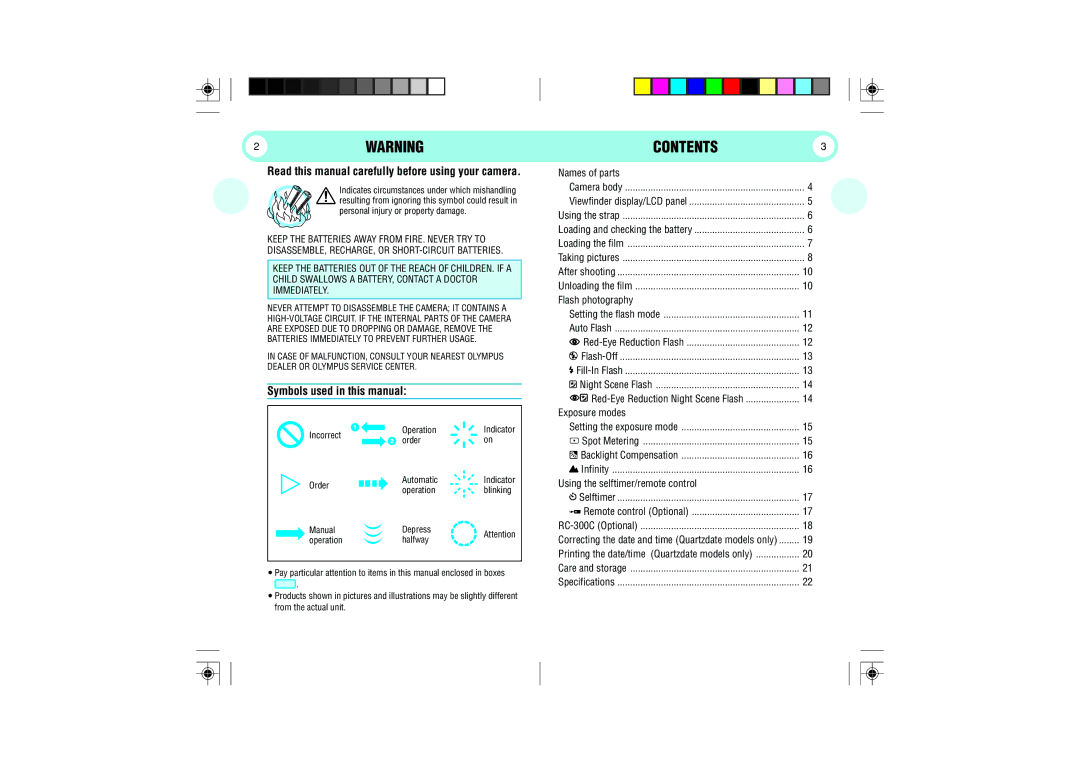 Olympus 105 manual 2WARNING, Contents 