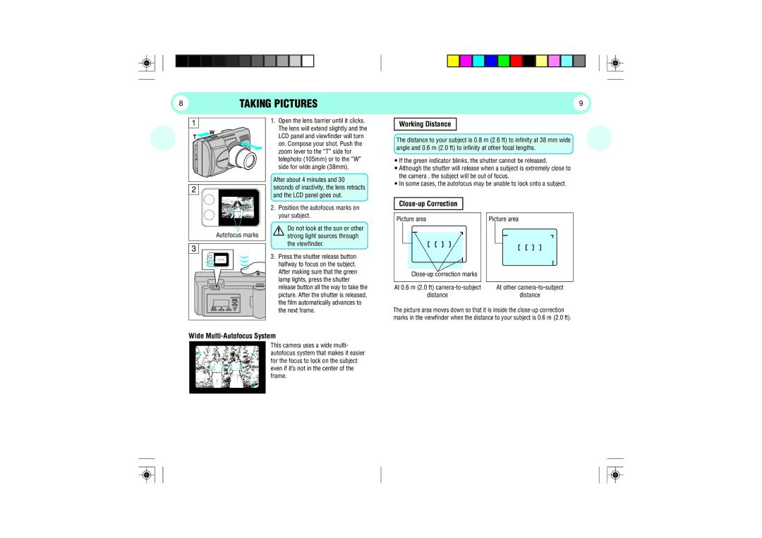 Olympus 105 manual Taking Pictures, Working Distance, Close-up Correction, Wide Multi-Autofocus System 