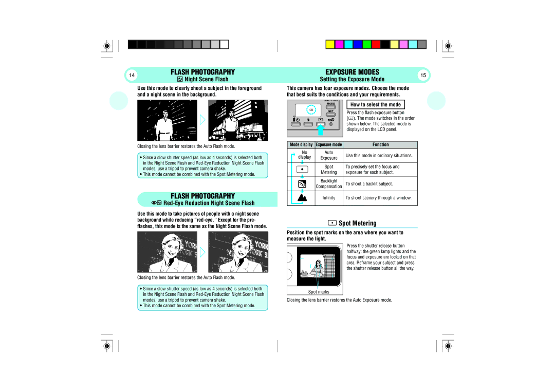 Olympus 105 manual Spot Metering, Red-Eye Reduction Night Scene Flash, Exposure Modes 