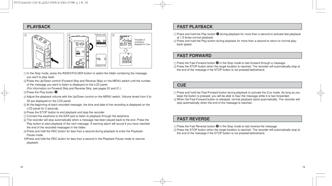 Olympus 150 operation manual Fast Playback, Fast Forward, Cue, Fast Reverse 