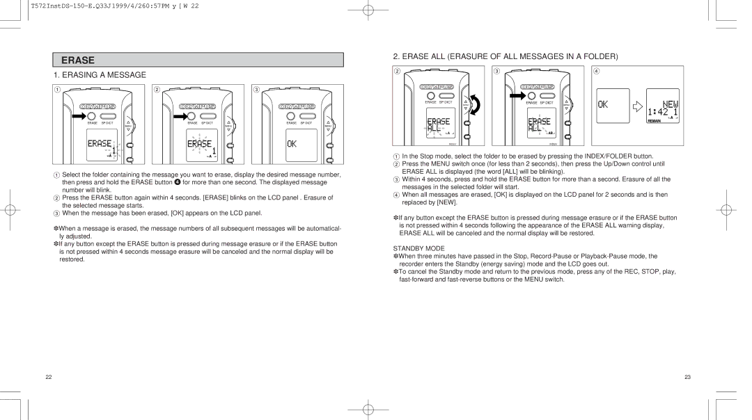 Olympus 150 operation manual Erase, Standby Mode 