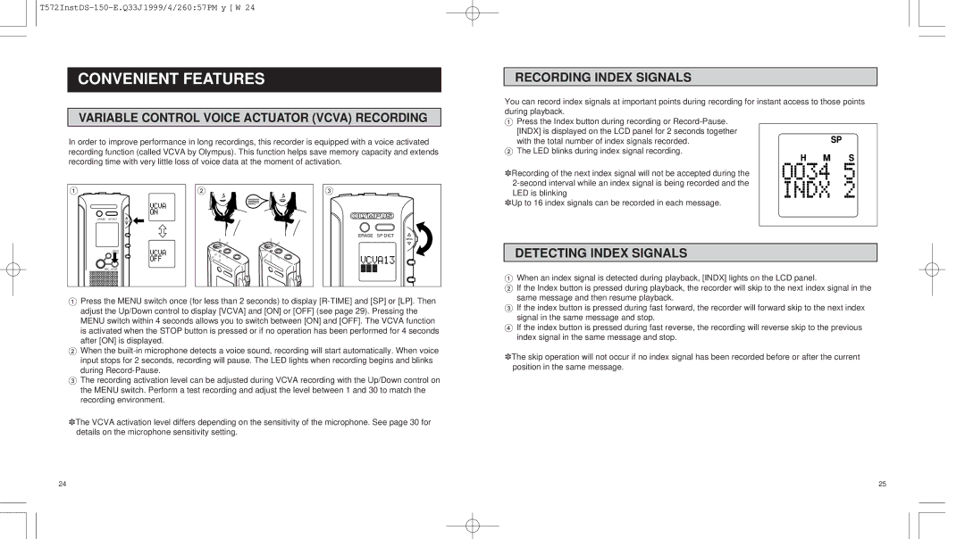 Olympus 150 operation manual Convenient Features, Variable Control Voice Actuator Vcva Recording, Recording Index Signals 