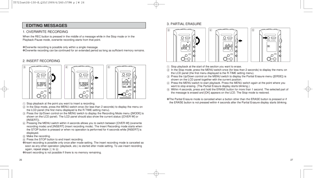 Olympus 150 operation manual Editing Messages, Overwrite Recording 