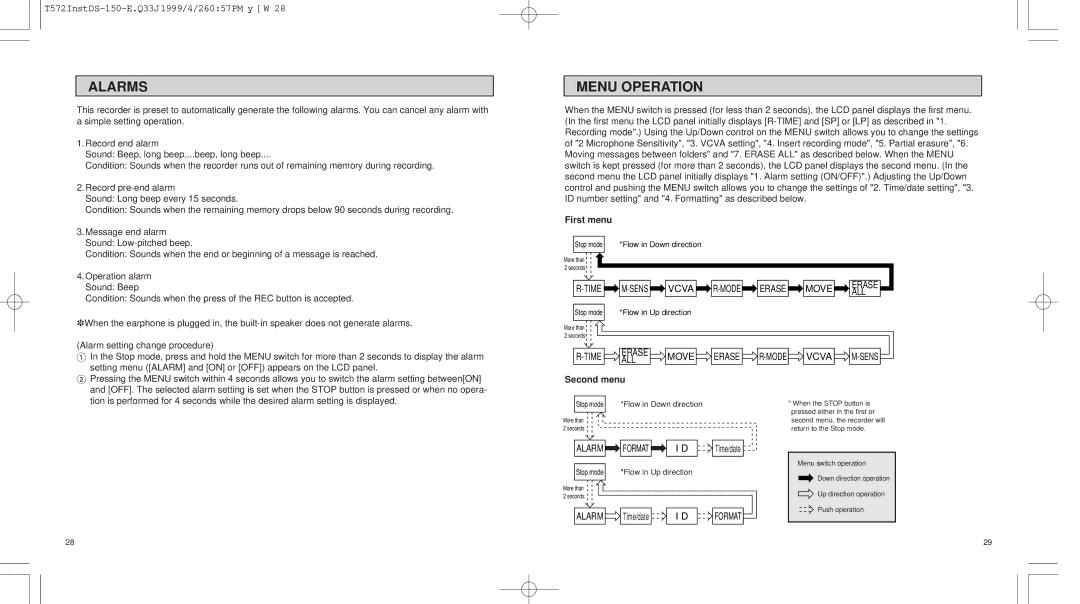 Olympus 150 operation manual Alarms, Menu Operation, Vcva 