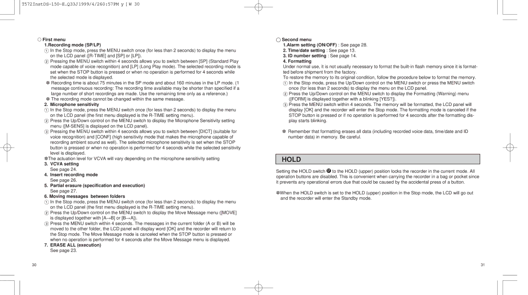 Olympus 150 operation manual Hold, First menu Recording mode SP/LP 