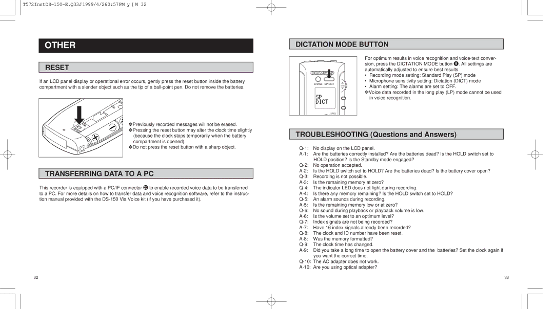 Olympus 150 operation manual Other, Dictation Mode Button Reset, Transferring Data to a PC 