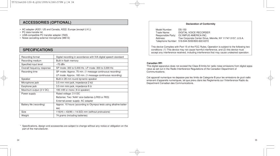 Olympus 150 operation manual Accessories Optional, Specifications, Digital Voice Recorder, Olympus America INC 