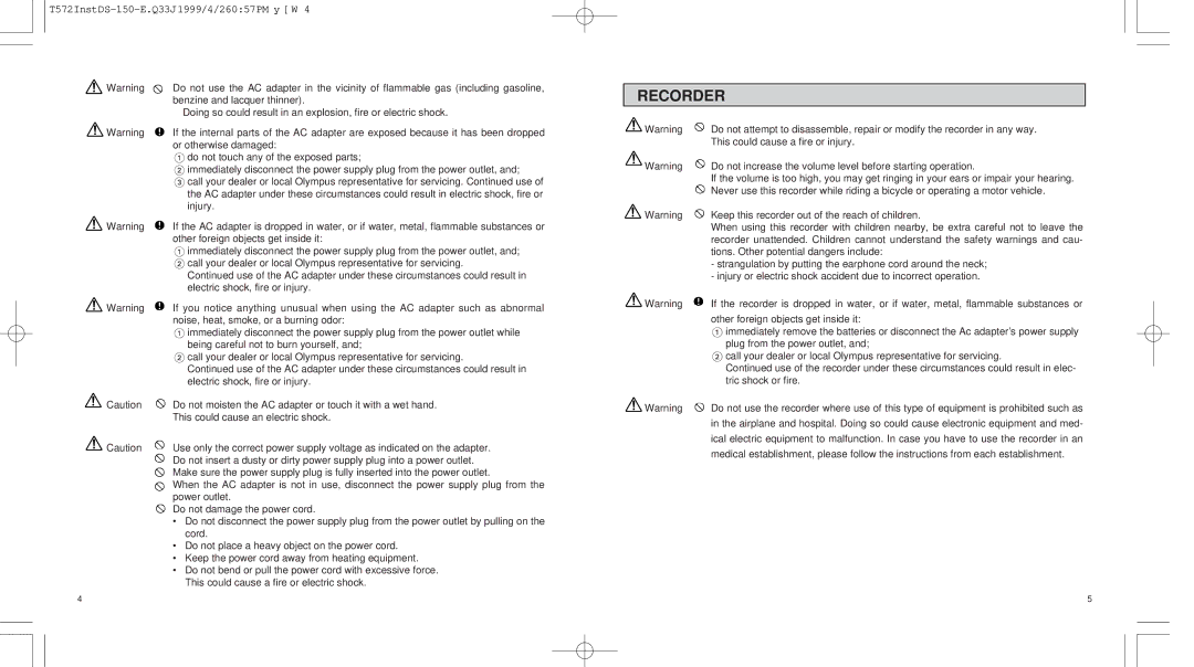 Olympus 150 operation manual Recorder, Keep this recorder out of the reach of children 